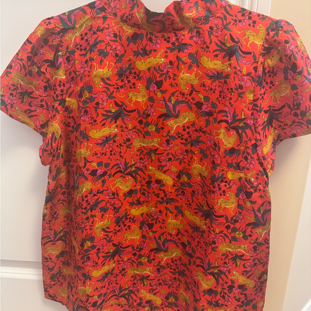 J. Crew Vibrant Red Blouse with Animal Motif